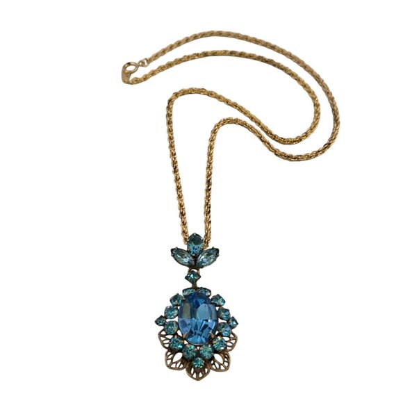 Vintage Unsigned Rhinestone And Glass Pendant Necklace (A7110) - Picture 1 of 3